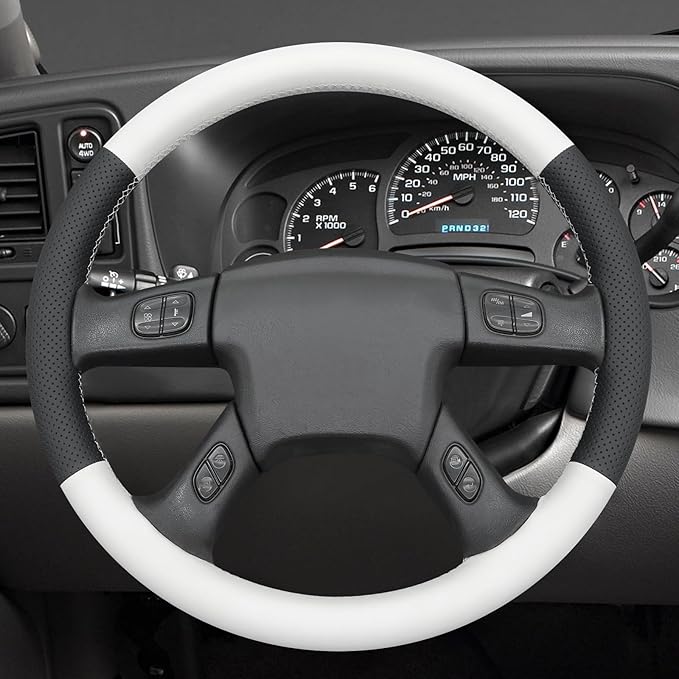 MEWANT Hand-Stitched Steering Wheel Cover for Chevy Silverado 1500 2003-2006 Trailblazer Black White Faux Leather Wrap