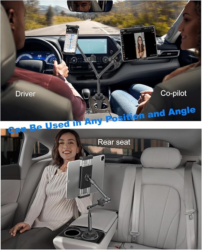 Heavy Duty Cup Holder Tablet Mount wiht Adjustment Metal Arm, iPad Cup Holder Mount for Suvs, Trucks, Compatible with iPad Pro Air Mini, iPhone, Galaxy Z Fold, 4-13" Devices