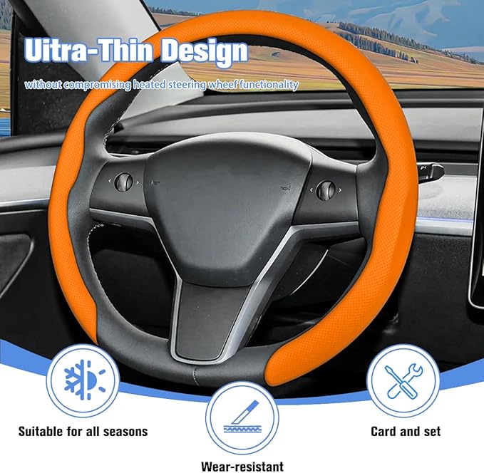 Car Nappa Leather Steering Wheel Cover, 15" Fashionable 5D Anti-Slip Vehicle Steering Wheel Protector, Breathable Auto Interi