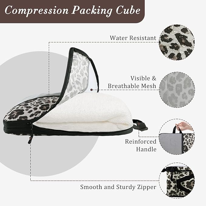 U+U 10 Set Compression Packing Cubes - Ultralight Leopard Travel Organizers with Laundry Bag, Space-Saving Suitcase Organizer