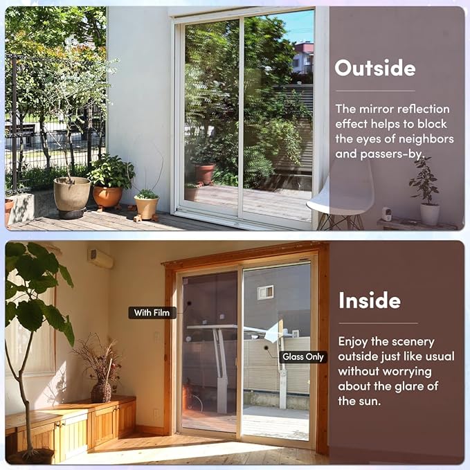 Coavas One Way Privacy Window Film, Sun Blocking Reflective Window Film See Out Not in, Heat Control Window Tint for Home, Anti UV Static Cling for Windows Office Door (Brown, 17.5 x 118 inches)