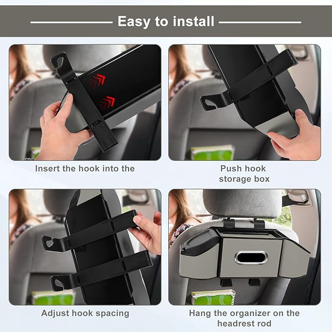 7-In-1 Car Seat Back Organizer with Cup Holders, Tissue Box, Garbage Can&Hooks, Multifunctional Headrest Storage Organizer, Headrest Cup Holder for Backseat, Car Accessories for Trips, Travels(Gray)