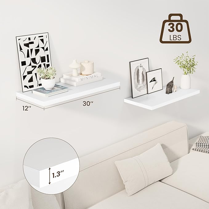 Dreamland 30" Floating Shelves for Wall, 12" Deep Slim White Floating Shelves, Wall-Mounted Shelves for Bedroom, Living Room,