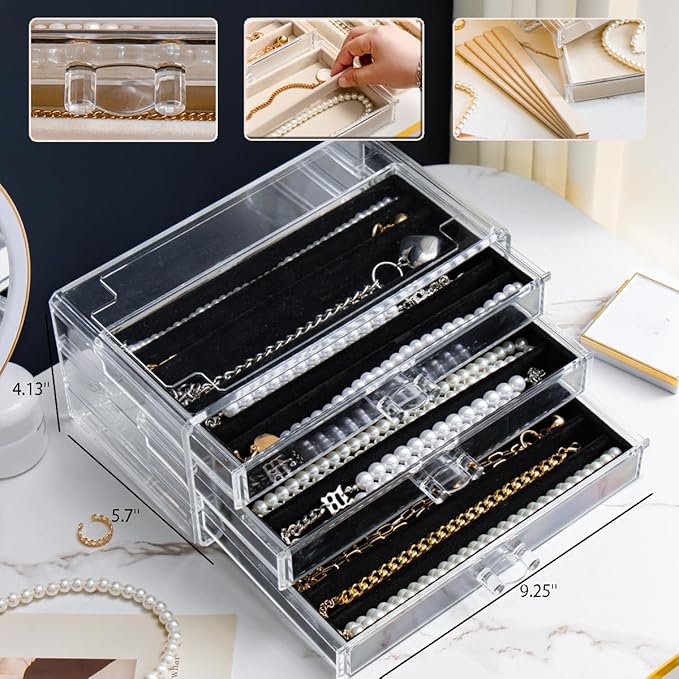 YUFONG Necklace Holder Organizer, Dustproof Necklace Box Velvet Necklace Organizer Box with Lid Clear Acrylic Dustproof Stack