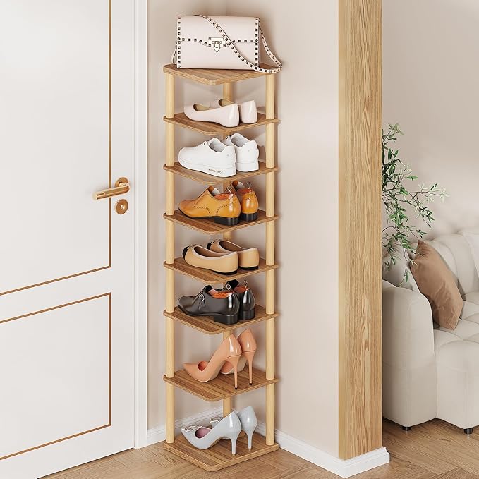 LUCKNOCK Vertical Shoe Rack, 8-Tier Tall Narrow Shoe Organizer for Entryway, Closet, Dorm & Small Spaces, Freestanding Wooden