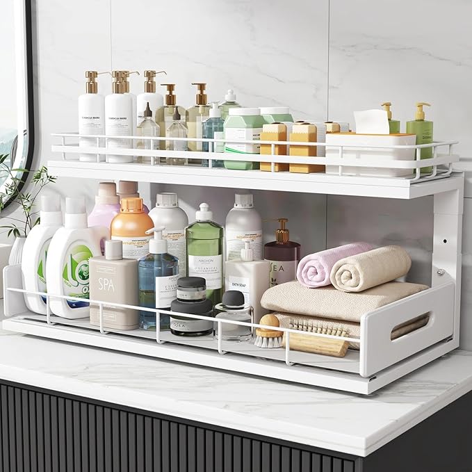 Under Sink Organizer Upgrade To Professional Rails,2-Tier Dual Pull Out Cabinet Storage,Height Adjustable Slide Out Drawers F