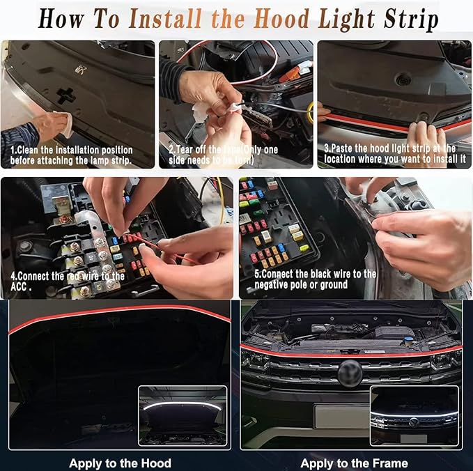 Flexible Car Hood Light Strip, 59 Inches Dynamic LED Daytime Running Light for Car, Truck, SUV, White Light, Easy to Install and Waterproof