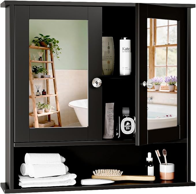 VINGLI Black Medicine Cabinet with Mirror, Wall Mounted Bathroom Cabinet with Open Shelf, 2-Door Hanging Storage Organizer Ov