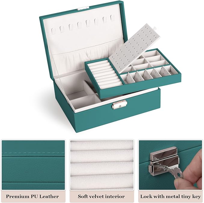 Jewelry Box for Women Girls, 2 Layers Jewelry Organizer Container with Lock, PU Leather Storage Case with Removable Tray, Jew