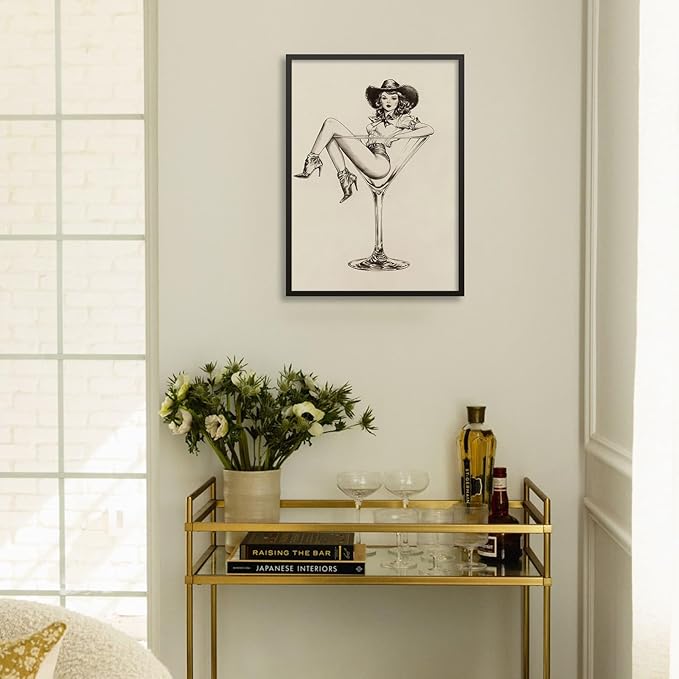 Vintage Western Black Framed Wall Art Coquette Cowgirl Martini Posters Prints 8x10 in Retro Bar Cart Cocktail Artwork Aesthet