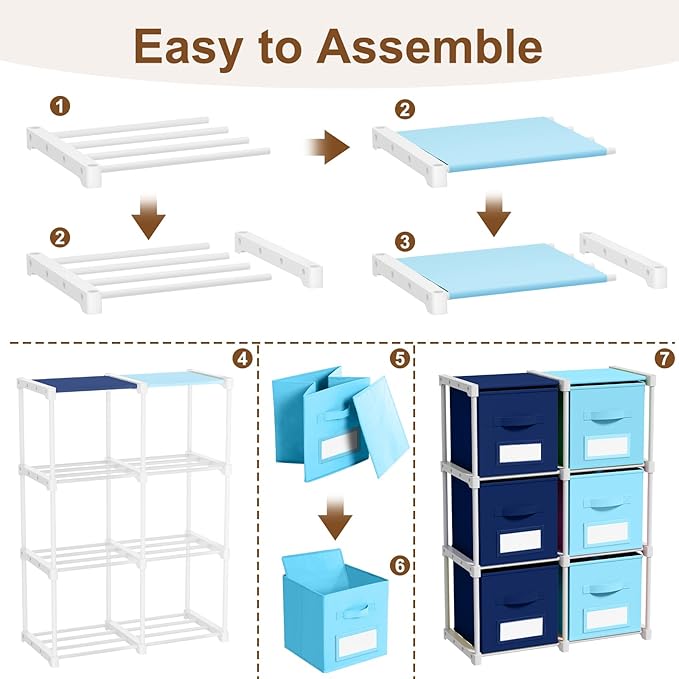 Geelin 6 Blue Cube Storage Organizer with Fabric Bins and Labels, 11 Inch Collapsible Toy Organizer Shelf Storage Bins Dresse