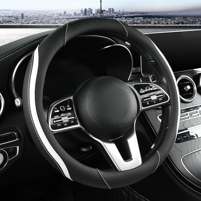 Car Steering Wheel Cover, Leather Steering Wheel Cover White Universal 14.5-15 Inch Microfiber Leather Anti-Slip Breathable A