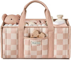 Blissful Diary Checkered Diaper Caddy Organizer, Stylish Nursery Storage Basket, Gift for Baby Shower, Newborn Essentials, Re