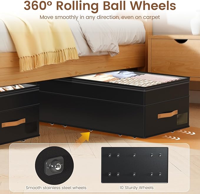 Under Bed Storage with Wheels, 2-Pack Underbed Storage Containers, No Assemble 11 inches 90L XXL Large Adjustable Storage Bin