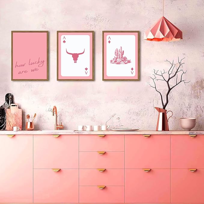 Western Wall Art Set of 3, Southwestern Cowboy Playing Card Wall Decor, Pink Longhorn Bull Skull and How Lucky are We Poster 