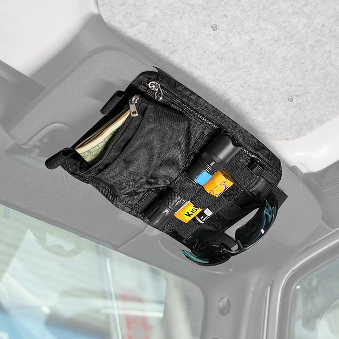 OMU 2 Pack Black Rugged Tactical Multi-Functional Car Sun Visor Organizer With Micro ID Carrier Pocket, MOLLE Visor Organizer Bag, Sunglass Holder
