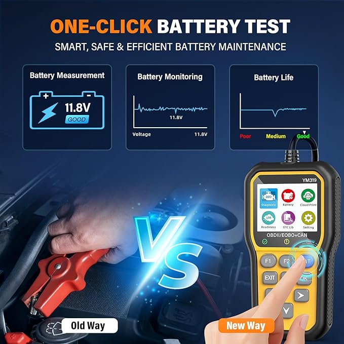 BluSon YM319 OBD2 Scanner Diagnostic Tool with Battery Tester, Check Engine Fault Code Reader with Live Data, Cloud Printing,