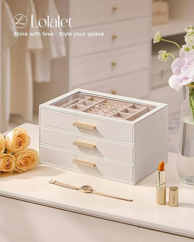 Lolalet Jewelry Box Organizer, 3-Layer Jewelry Organizers and Storage Case with Glass Lid, Ring Earring Bracelet Necklace Hol