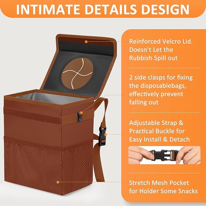 Car Trash Can, Brown, 2.2 Gallons Capacity, Waterproof, Polyester Material, Adjustable Strap, Hanging Design, Leakproof Lining, 100% PEVA Thickness
