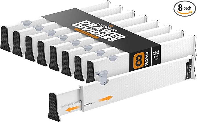 RAPTUROUS Adjustable Drawer Dividers, 2.5" Tall, Expandable 13-22", 8-Pack, Non-Slip for Dresser, Closet, Kitchen, Nursery, a