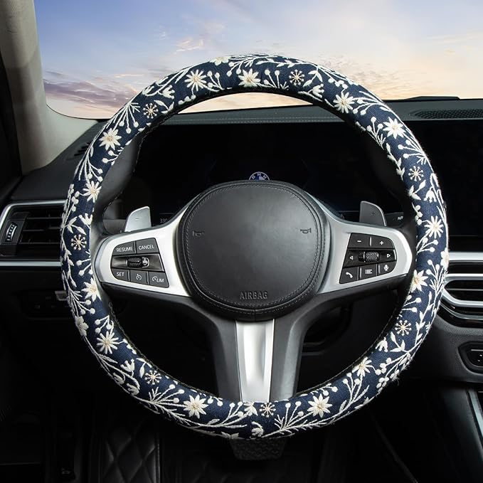 Brown Japanese Style Flower Steering Wheel Cover Auto Embroidery Steering Wheel Protector, Anti-Slip, Breathable, Absorbing S