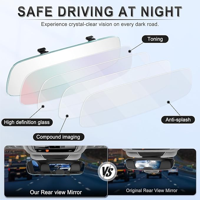 LivTee Rear View Mirror, Universal 12" (305mm) Wide-Angle Panoramic Convex Rearview Mirror with Clear Slim Frame, Strap-On Design Fits Original to Reduce Blind Spots for Cars SUVs Trucks