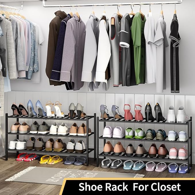 Long Shoe Rack, 3-Tier Bamboo Stackable Shoe Shelf Storage Organizer, Shoe Stand for Closet, Entryway and Hallway