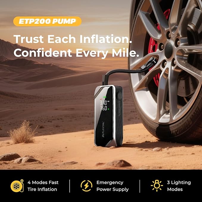 FLEXTAILGEAR Portable Tire Inflator, Rechargeable Electric Air Pump with Knob Pressure Control, Cordless Air Compressor for Car Tires, Bike, Balls, Digital Pressure Gauge, Auto Shut-Off.