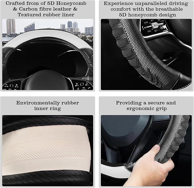 5D Honeycomb Knight White Car Steering Wheel Cover,14.5-15 Inch Universal Carbon Fibre Leather Covers Breathable Anti-Slip Od