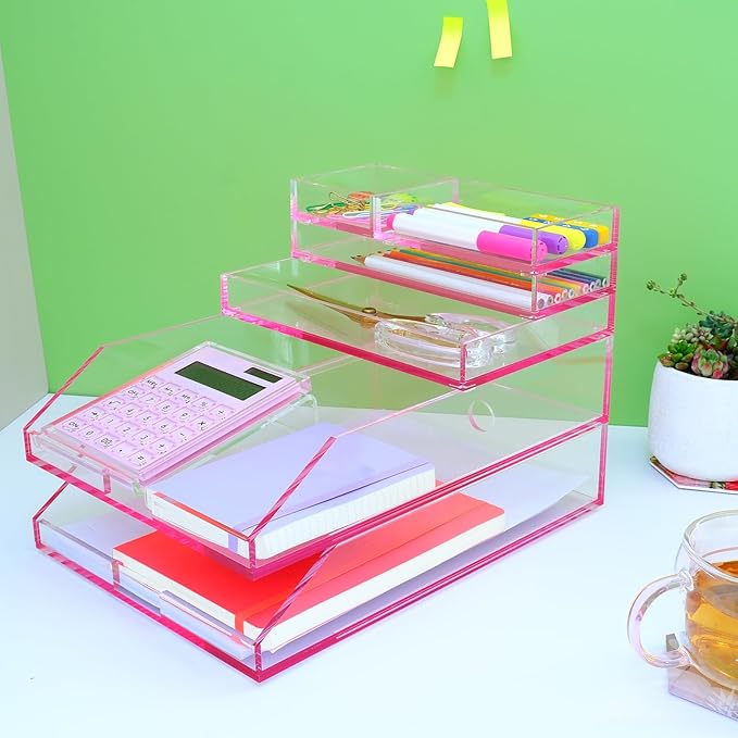 4-Piece Stackable Pink Acrylic Desk Organizer for Office or Home Desk Drawer Dividers, Makeup Vanity Storage Bins, Accessory 