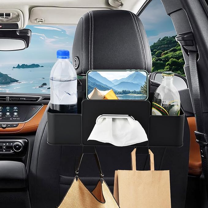 4-in-1 Back Seat Car Organizer with Extra Large Capacity, 2 Cup Holders, Tissue Box Dispenser & Storage Hook for Phone, Snacks, Toys(Black)