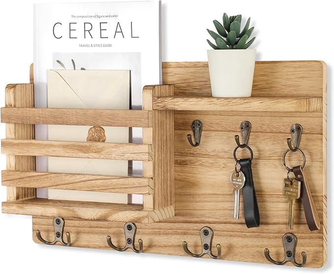 Nekon Mail Holder for Wall Mail Organizer with Key Hooks Hallway Farmhouse Decor Storage Racks with Floating Shelf and Flush 