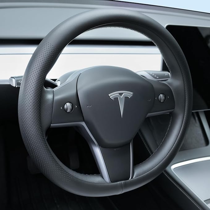 Nappa Leather Steering Wheel Cover Compatible with Tesla Model 3/Y 2016-2025 2026 Juniper/Highland, Non-Slip Breathable Model 3/Y Steering Wheel Protector, Black
