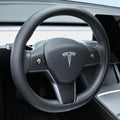 Nappa Leather Steering Wheel Cover Compatible with Tesla Model 3/Y 2016-2025 2026 Juniper/Highland, Non-Slip Breathable Model 3/Y Steering Wheel Protector, Black