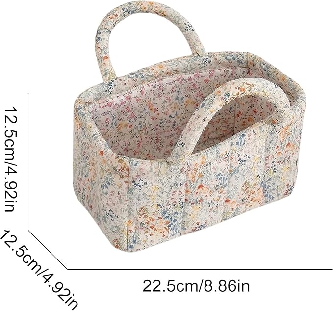 Small Storage Basket Organizer, Mini Fabric Floral Storage Baskets with Handle, Quilted Portable Collapsible Storage (M)