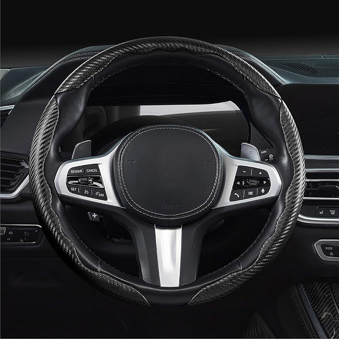 Steering Wheel Cover Carbon Fiber Car Steering Wheel Cover Accessories 14.5-15 inch Universal (Black)