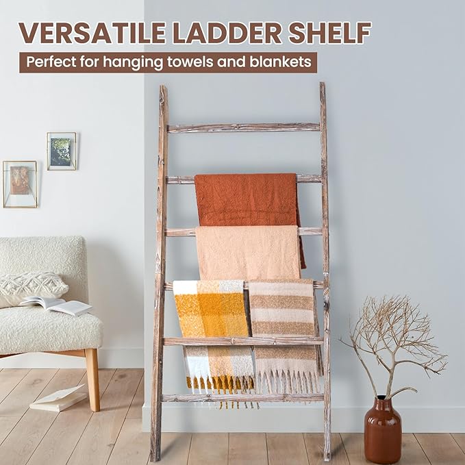 Blanket Ladder Shelf 6.4FT, 38 inch Wide Solid Wooden Blanket Ladder for Living Room, 6-Layer Farmhouse Rustic Towel Rack for