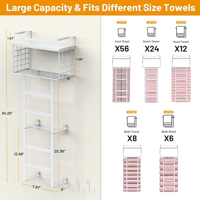 Towel Racks for Bathroom Wall Mounted, 4 tire Bath Towel Storage - with 2 Pack Towel Shelf and Floating Shelves Over Toilet, 