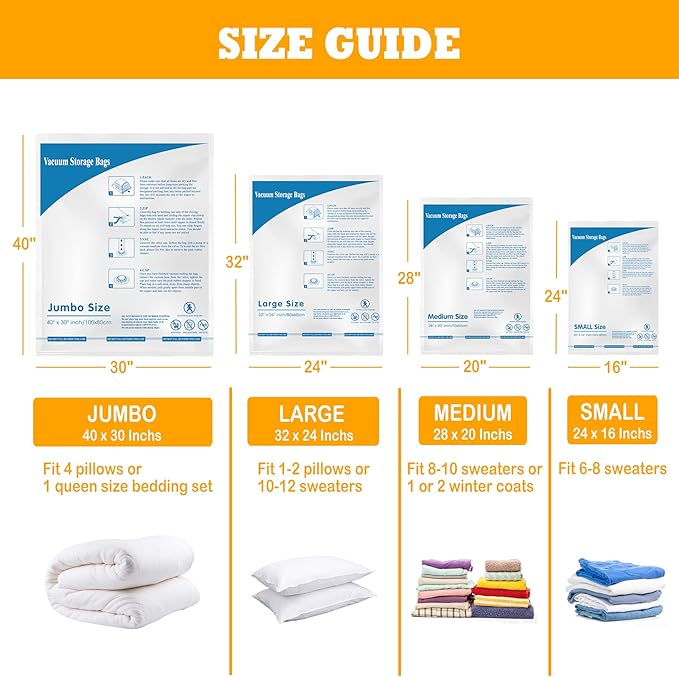 Vacuum Storage Bags, Small Space Saver Sealer Bags, Airtight Compression Bags for Clothes, Pillows, Comforters, Blankets, Bed