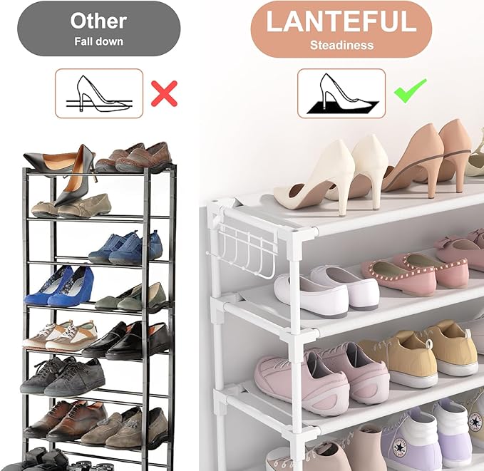 LANTEFUL 10 Tiers Shoe Rack 50 Pairs Large Capacity Tall Shoe Organizer Sturdy Shoe Storage with Two Hooks Space Saving Metal