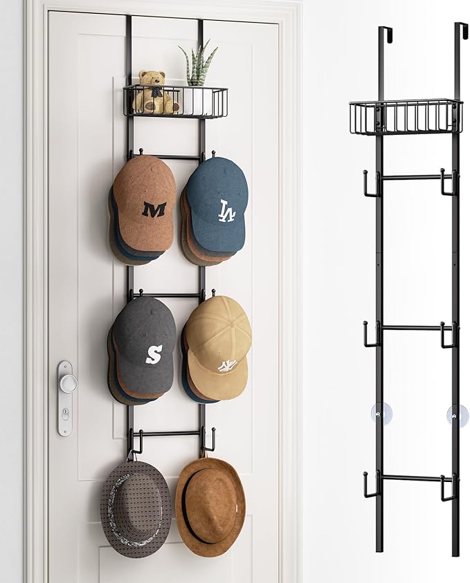 HapiRm Over Door Hat Rack - Wall Mounted Hat Organizer with 6 Hooks and Metal Basket Design, Baseball Cap Organizer Storage H