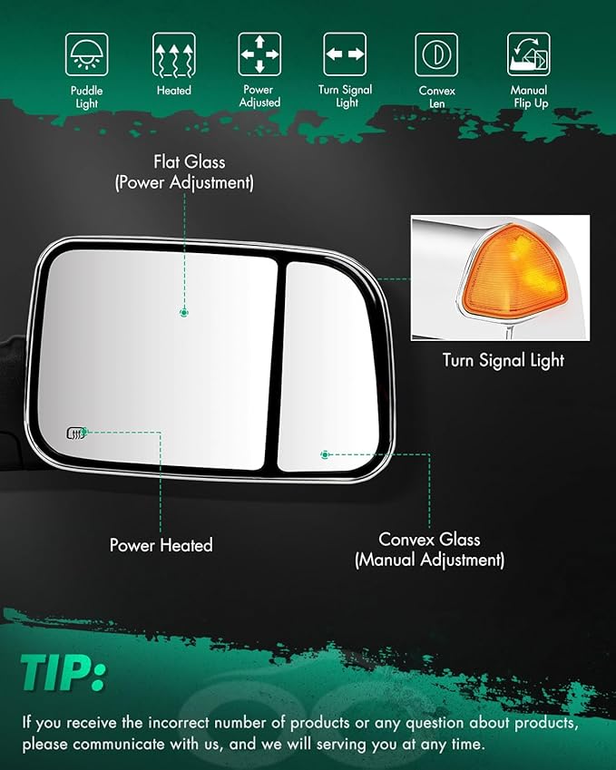 SCITOO Tow Mirrors Power Heated Puddle Parallel Auxiliary Turn Signal Light Temp Sensor Chrome Towing Mirrors Replacement Fit for 2019-2022 For Dodge For Ram 1500 Pickup Truck