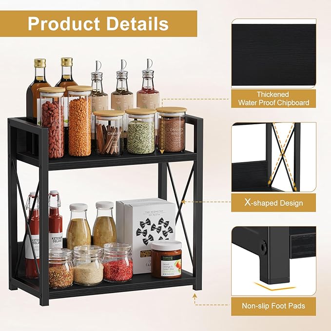 Giikin Kitchen Countertop Organizer, 2 Tier Coffee Bar Organizer, Black Spice Rack for Counter, Kitchen Counter Shelves, Part