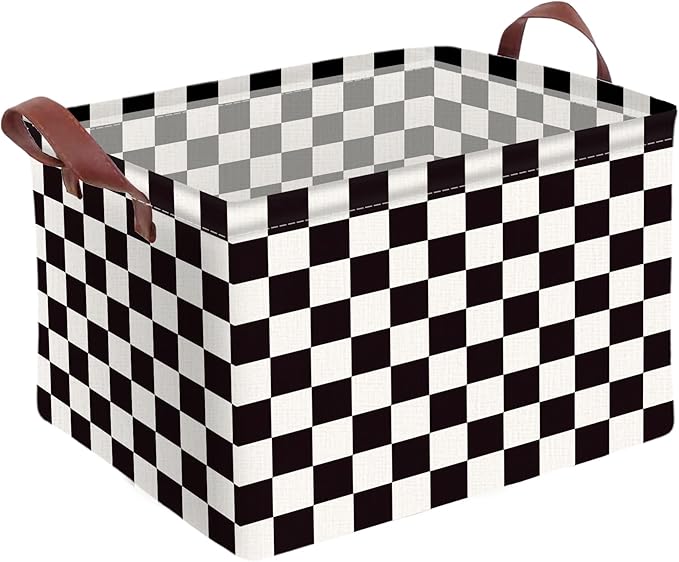 Checkered Storage Basket Waterproof Canvas Toy Storage Bin Race Car Room Decor Collapsible Outdoor Basket with Leather Handle