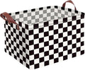 Checkered Storage Basket Waterproof Canvas Toy Storage Bin Race Car Room Decor Collapsible Outdoor Basket with Leather Handle