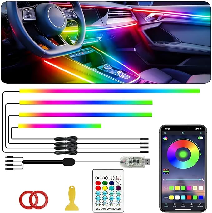 Ambient Lighting Car Led Lights Interior,116in USB Dreamcolor 4 in 1 Acrylic Neon Flexible Strip Fiber Optic LED Ambient Lighting Kits with Remote APP, RGB Music Lights Sync for Inside car Decorations
