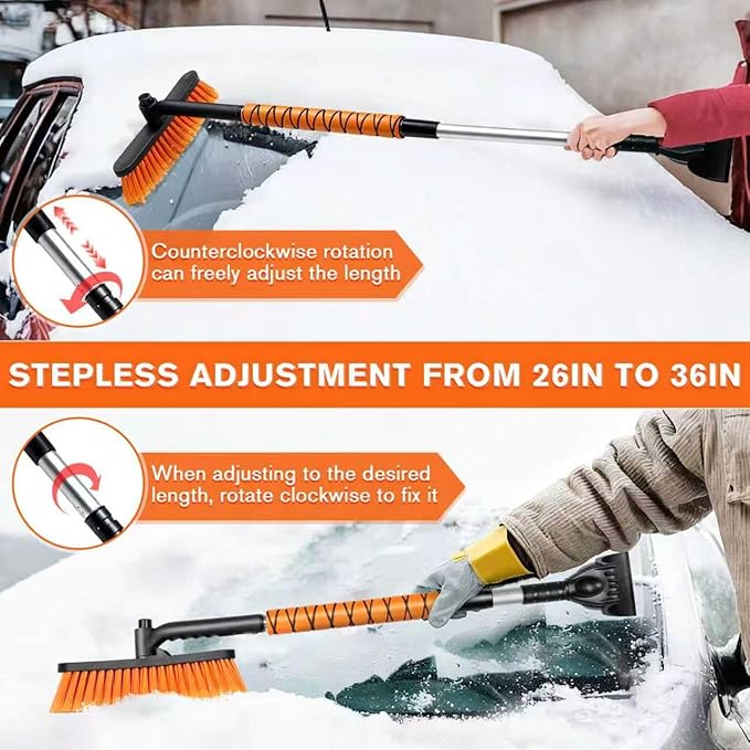 Telescopic Snow Brush Ice Scraper Combo, 2-in-1 Adjustable Length 26-36in & 360° Pivoting Head for Car Truck SUV, Christmas Auto Gifts