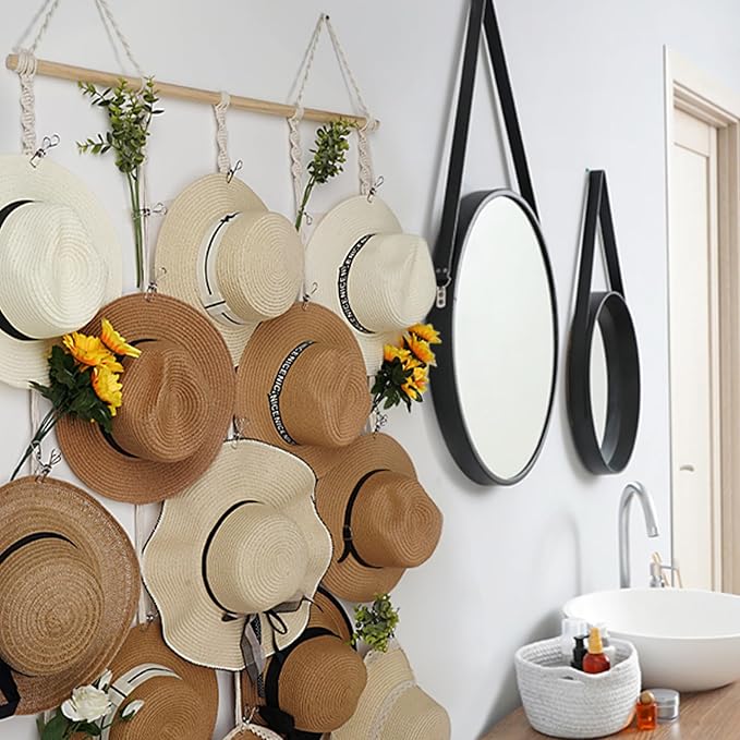 Macrame Hat Rack for Wall 31x66 in Hat Organizer with 15 Clips Hanging Hat Hanger Holder for Women Wide Brimmed Hat Storage f