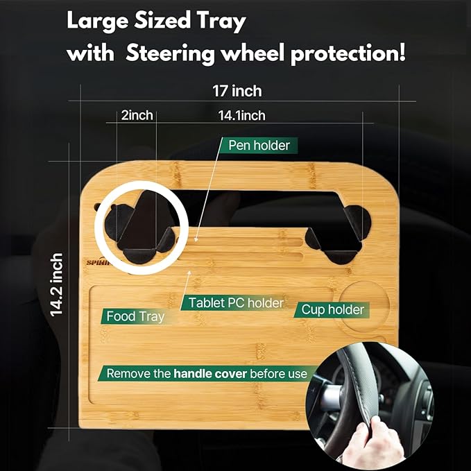 2 in 1 Steering Wheel Tray – Car Tray & Food Table – Car Essentials Double Sided Bamboo Car Desk for Laptop, Eating & Reading – Fits up to 17" Laptop
