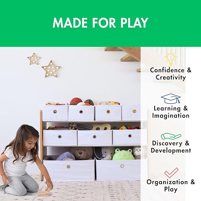 Humble Crew Toy Storage Organizer with 9 Removable Fabric Bins, Light Grey/Grey – Premium Playroom Toy Organizer for Toddlers